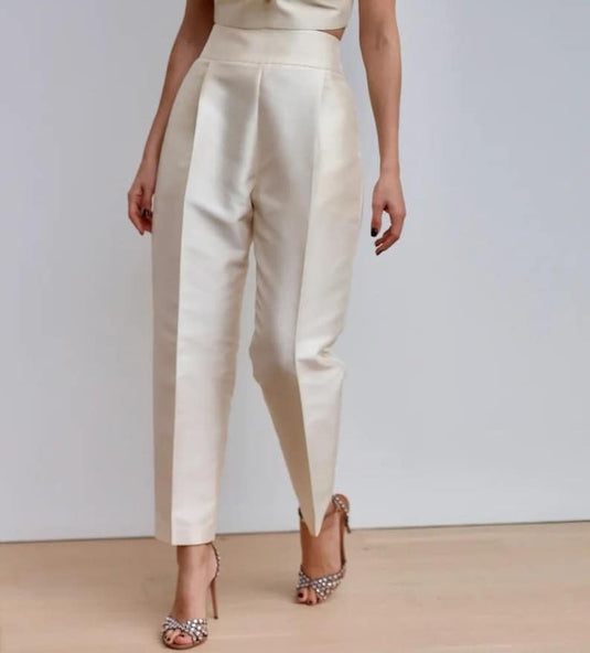 Ivory Satin Silk Bottom, High-Waisted Pant, Office Pants for Women