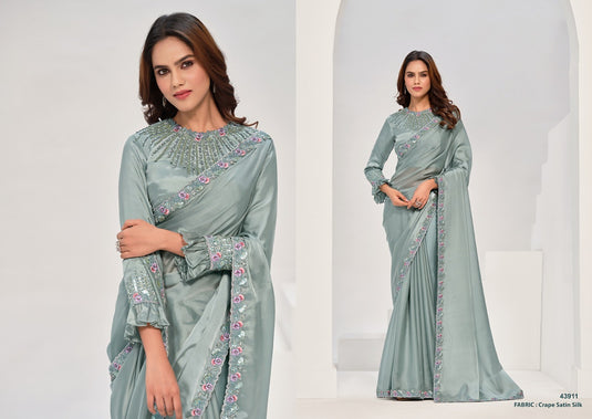 Designer Dark Pink Sequins Hand Embroidered Crepe Satin Silk Georgette Festive Wear Saree