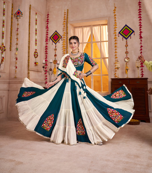 Navratri Special Multicolor Kutchi Work Viscose Cotton Readymade Fully Stitched Festive Wear Lehenga Choli For Women