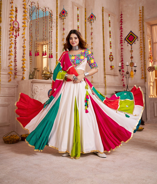 Navratri Special Multicolor Gamthi Work Viscose Cotton Readymade Fully Stitched Festive Wear Lehenga Choli For Women