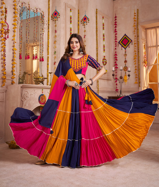 Garba Night Special Multicolor Kutchi Work Viscose Cotton Readymade Fully Stitched Navratri Lehenga Choli For Women