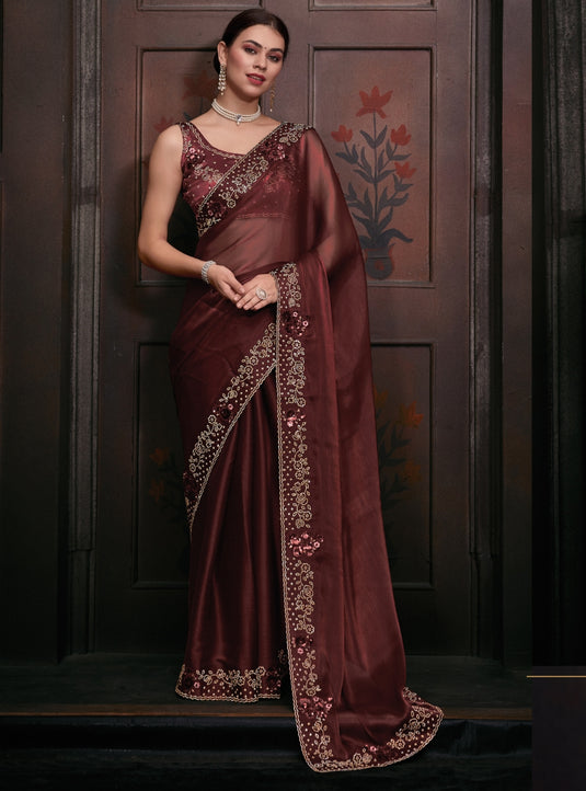 Brown Radiant Premium Metallic Organza Stone Work Saree