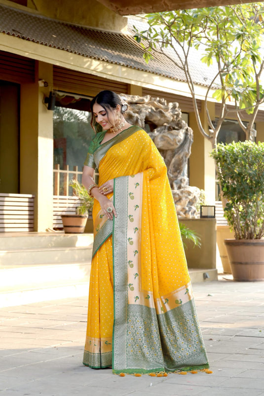 Yellow Banarasi Soft Silk Zari Weaving Paithani Saree With Beautiful Contrast Peacock Border