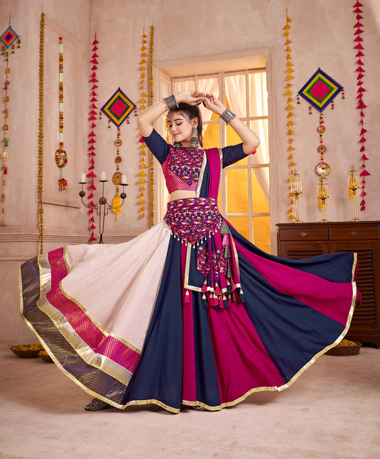 Navratri Special Multicolor Kutchi Work Viscose Cotton Readymade Fully Stitched Festive Wear Lehenga Choli with Belt