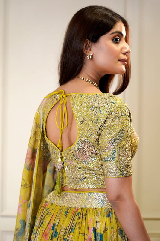 Lemon Yellow Organza Zari & Sequins Embroidered Fully Stitched Lehenga Choli