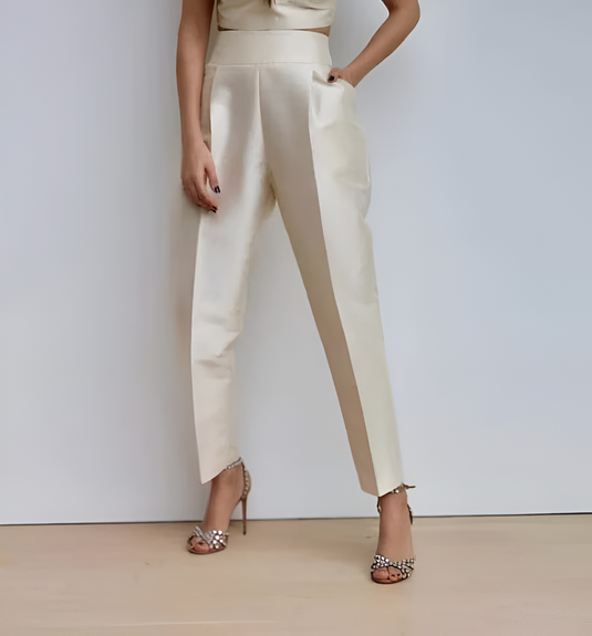 Ivory Satin Silk Bottom, High-Waisted Pant, Office Pants for Women