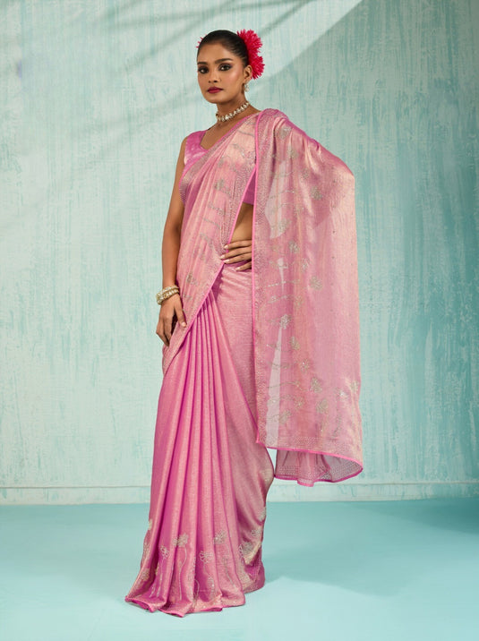 Designer Pink Zarkhan Embellished Dual Tone Velvet Chiffon Festive Wear Saree For Women