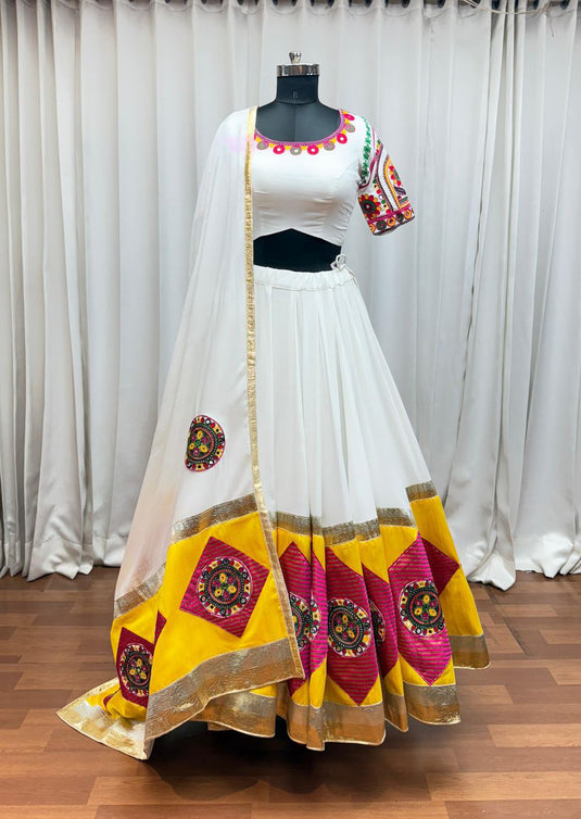 Navratri Special Yellow Viscose Cotton Kutchi Embroidery Work Fully Stitched Lehenga Choli