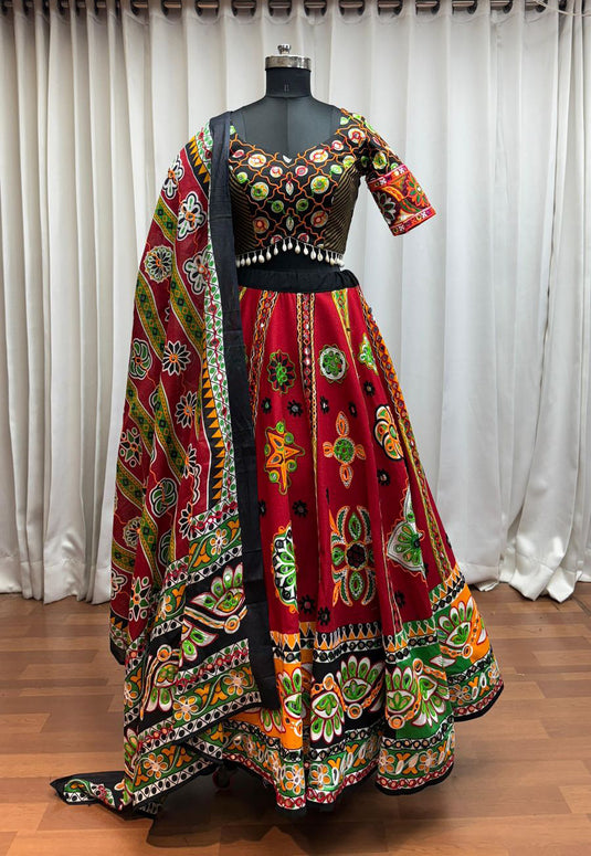 Navratri Special Red Organic Cotton Aari Foil Work Fully Stitched Festive Wear Lehenga Choli