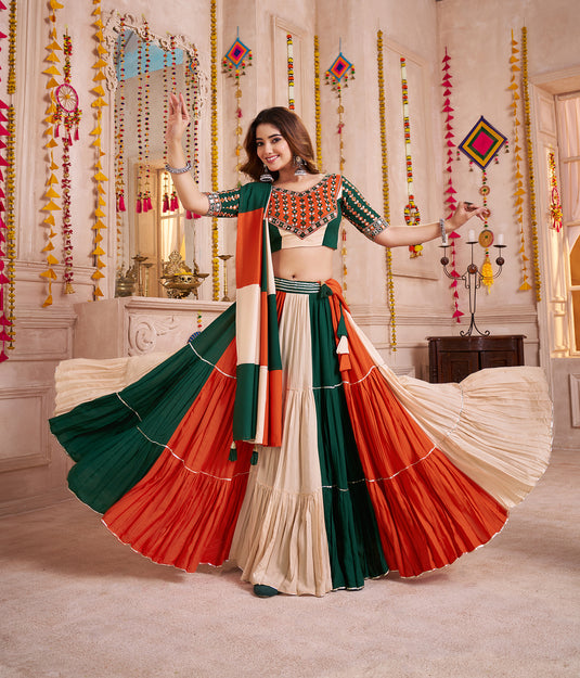 Garba Night Special Multicolor Kutchi Work Viscose Cotton Readymade Fully Stitched Navratri Lehenga Choli For Women
