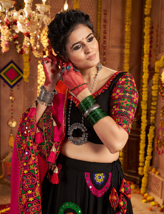 Navratri Special Black Viscose Cotton Ready Made Fully Stitched Gamthi Work Lehenga Choli