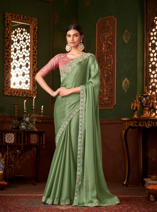 Dusty Pink Silk Chiffon Zari & Sequins Embroidered Work Saree