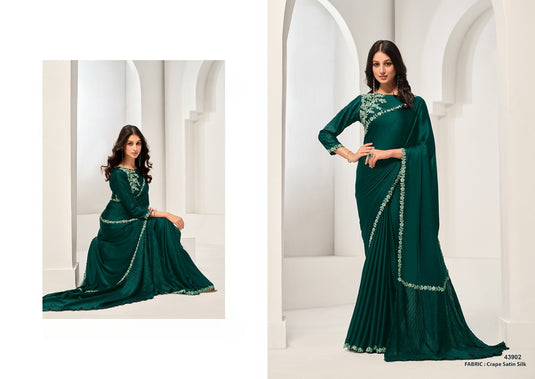 Designer Dark Pink Sequins Hand Embroidered Crepe Satin Silk Georgette Festive Wear Saree