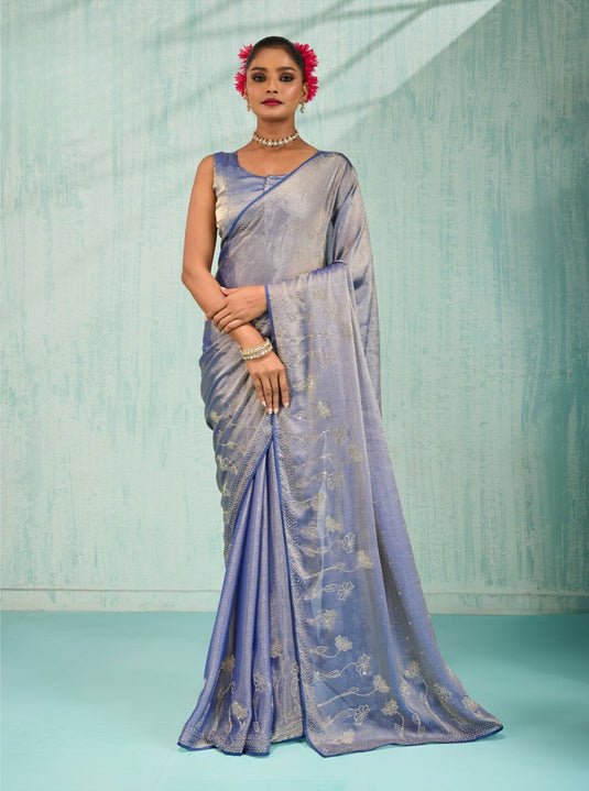 Designer Pink Zarkhan Embellished Dual Tone Velvet Chiffon Festive Wear Saree For Women