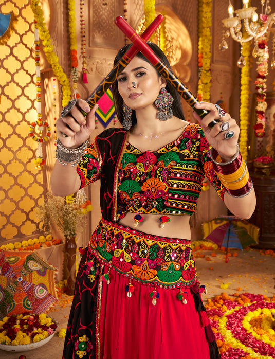 Garba Special Multicolor Viscose Cotton Ready Made Fully Stitched Gamthi Work Lehenga Choli