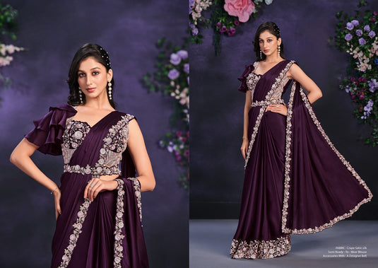 Elegant Sky Blue Sequins Embroidered Georgette Crepe Satin Silk Stone Moti Work Festive Saree with Readymade Heavy Blouse with Waist Belt