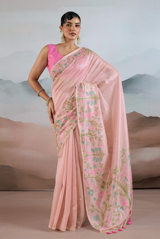 Pink Handloom Zari Tissue Brasso Weaving Festive Saree For Women