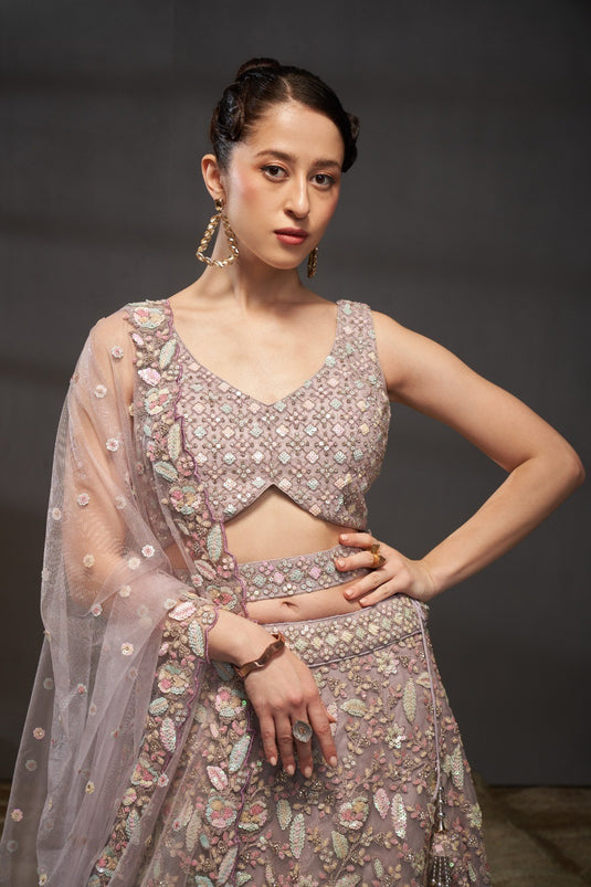 Cream Net Multicolor Sequins Embroidered Semi Stitched Bridal Lehenga Choli