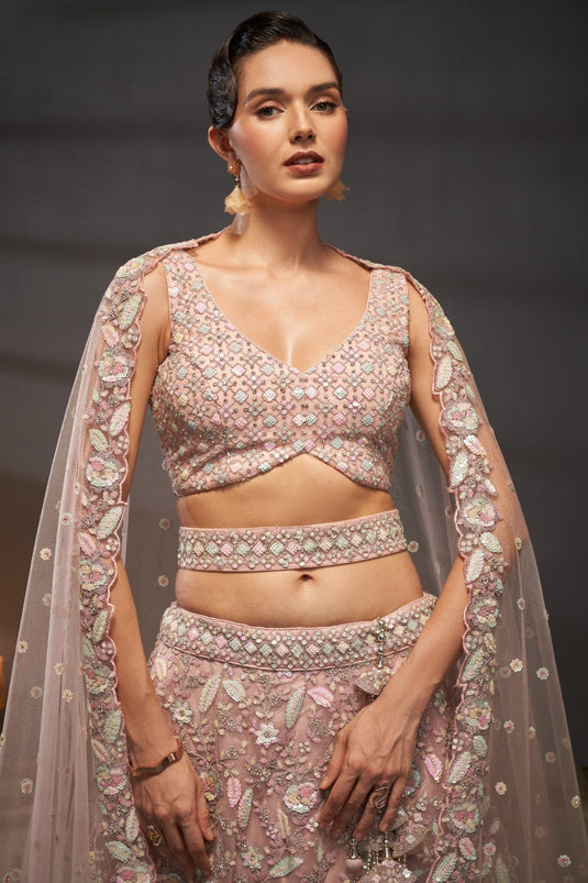 Cream Net Multicolor Sequins Embroidered Semi Stitched Bridal Lehenga Choli