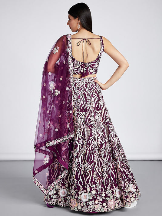 Cream Net Sequins Embroidered Semi Stitched Wedding Wear Lehenga Choli