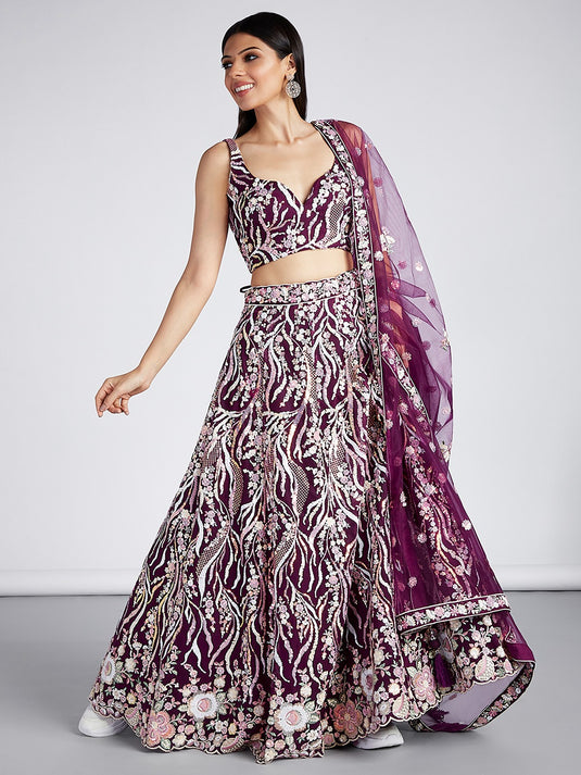 Cream Net Sequins Embroidered Semi Stitched Wedding Wear Lehenga Choli