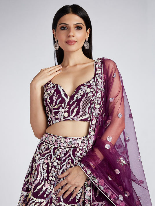 Cream Net Sequins Embroidered Semi Stitched Wedding Wear Lehenga Choli