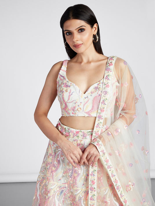 Cream Net Sequins Embroidered Semi Stitched Wedding Wear Lehenga Choli
