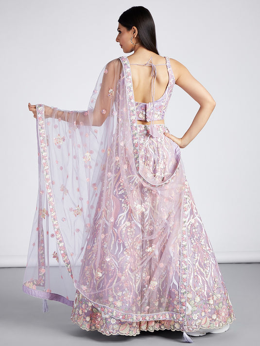 Cream Net Sequins Embroidered Semi Stitched Wedding Wear Lehenga Choli