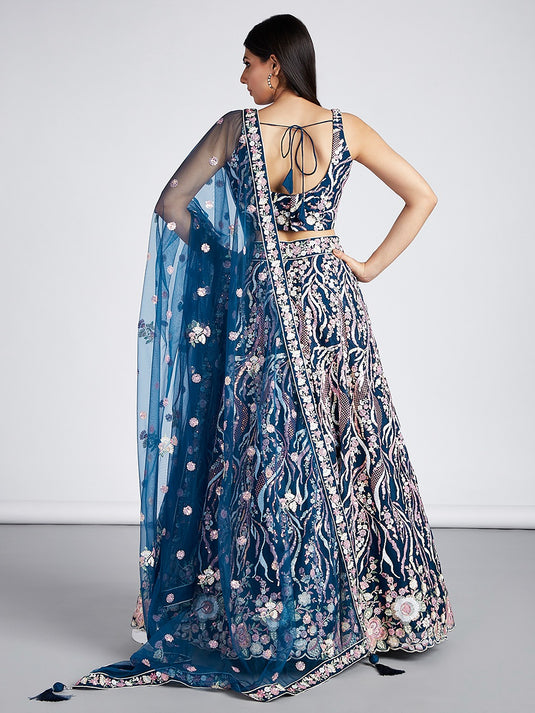 Cream Net Sequins Embroidered Semi Stitched Wedding Wear Lehenga Choli