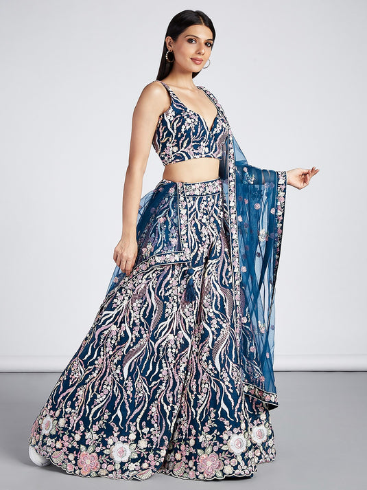 Cream Net Sequins Embroidered Semi Stitched Wedding Wear Lehenga Choli