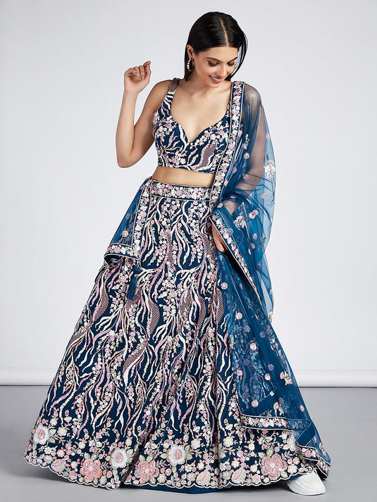 Cream Net Sequins Embroidered Semi Stitched Wedding Wear Lehenga Choli