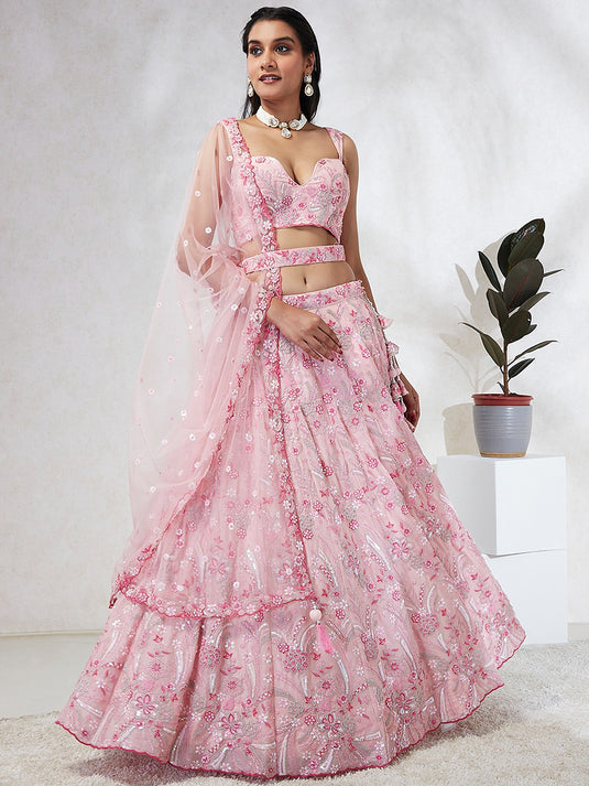 Lavender Poly Georgette Thread & Sequins Embroidered Semi Stitched Bridal Lehenga Choli