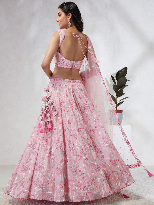 Lavender Poly Georgette Thread & Sequins Embroidered Semi Stitched Bridal Lehenga Choli