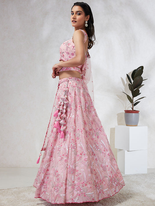 Lavender Poly Georgette Thread & Sequins Embroidered Semi Stitched Bridal Lehenga Choli