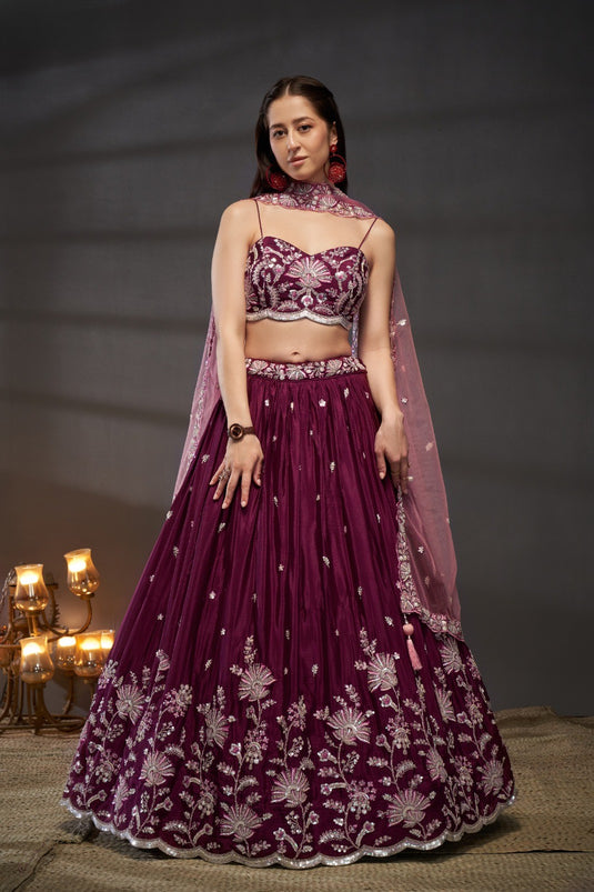 Teal Poly Chiffon Thread & Sequins Embroidered Semi Stitched Bridal Lehenga Choli
