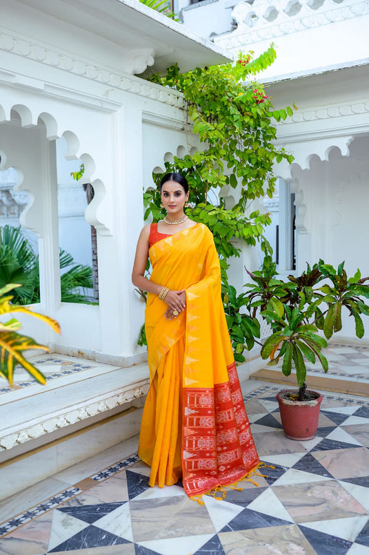 Yellow Soft Tussar Silk Zari Weaving Ikkat Pallu Saree