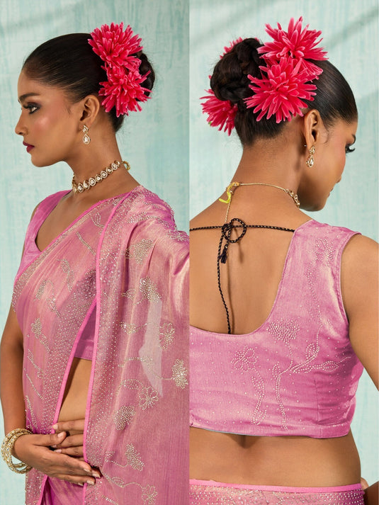Designer Pink Zarkhan Embellished Dual Tone Velvet Chiffon Festive Wear Saree For Women
