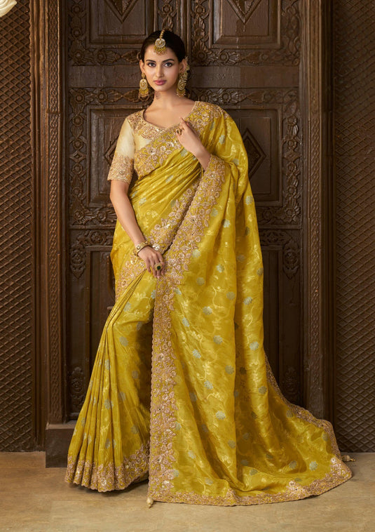 Orange Tissue Silk Zari & Stone Pearl Embroidered Mirror Work Saree