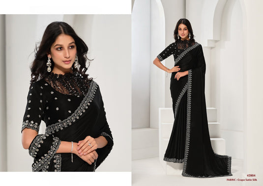 Designer Dark Pink Sequins Hand Embroidered Crepe Satin Silk Georgette Festive Wear Saree