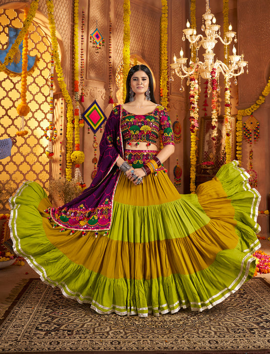 Garba Special Multicolor Viscose Cotton Ready Made Fully Stitched Gamthi Work Lehenga Choli
