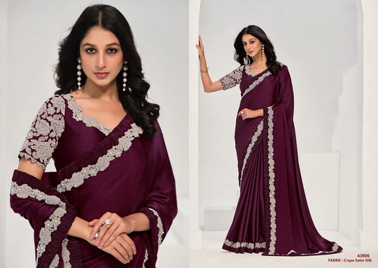 Designer Dark Pink Sequins Hand Embroidered Crepe Satin Silk Georgette Festive Wear Saree