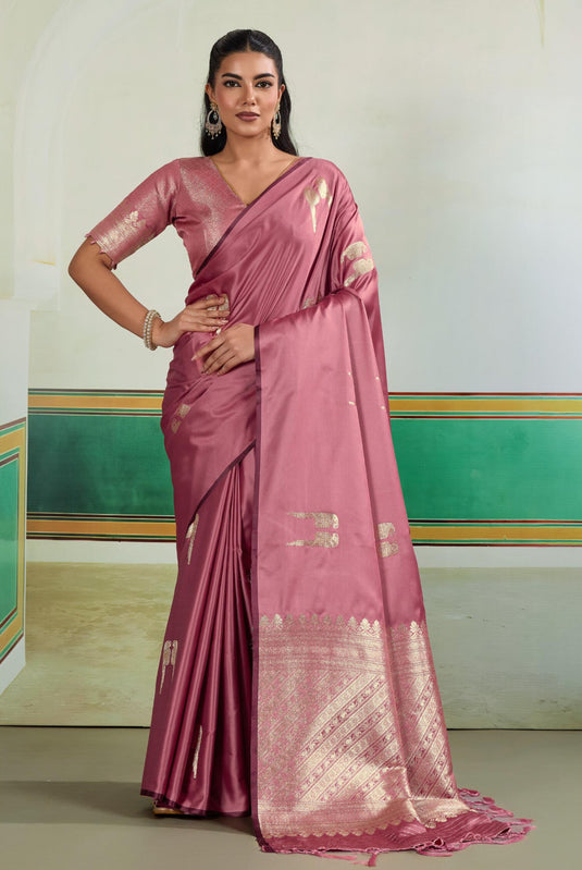 Wine Satin Handloom Weaving Party Wear Saree For Women