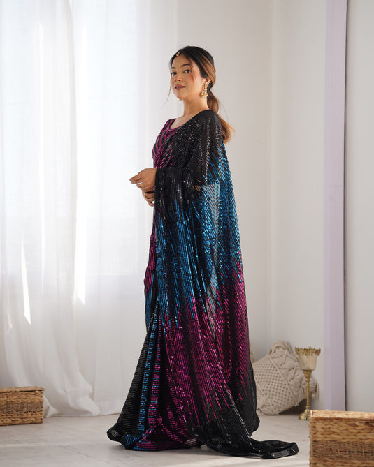 Fancy Black Pink Sequins Embroidered Georgette Festive Wear Saree For Women