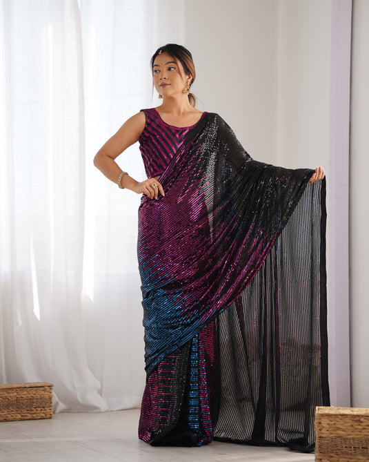 Fancy Black Pink Sequins Embroidered Georgette Festive Wear Saree For Women