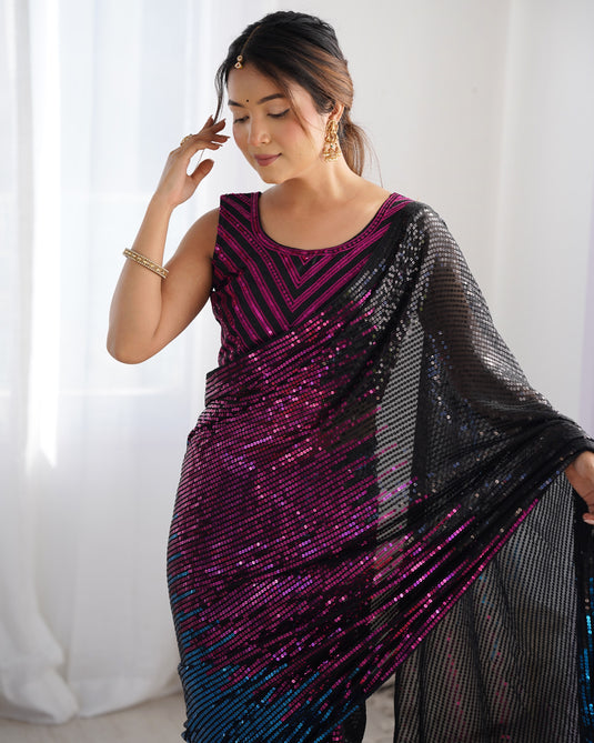 Fancy Black Pink Sequins Embroidered Georgette Festive Wear Saree For Women