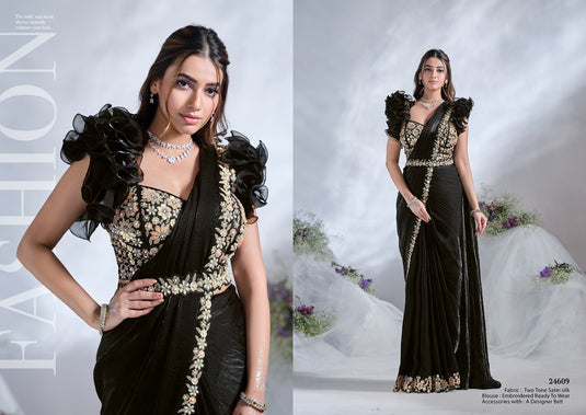 Elegant Black Sequins Embroidered Two Tone Crepe Satin Silk Hand & Mirror Work Festive Saree with Readymade Heavy Blouse