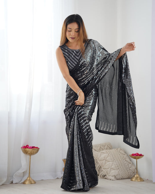 Fancy Black Pink Sequins Embroidered Georgette Festive Wear Saree For Women