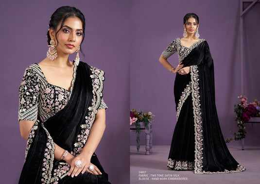 Classic Black Hand Work Two Tone Satin Silk Banarasi Crush Sequins Embroidered Tissue Saree For Women