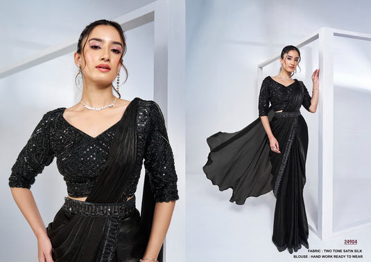 Classic Black Hand Khatli Embroidery Work Two Tone Satin Crepe Silk Festive Saree with Readymade Designer Blouse & Waist Belt