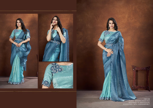 Designer Purple Thread & Sequins Embroidered Crepe Satin Silk Banarasi Crush Silk Festive Wear Saree with Readymade Blouse & Waist Belt